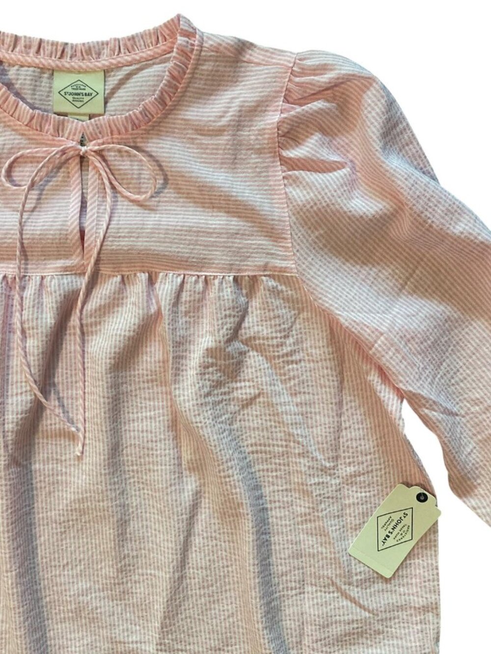 NEW! Women's ST. JOHN'S BAY Ruffle-Neck 3/4 Sleeve Pink Stripe Top Size Large